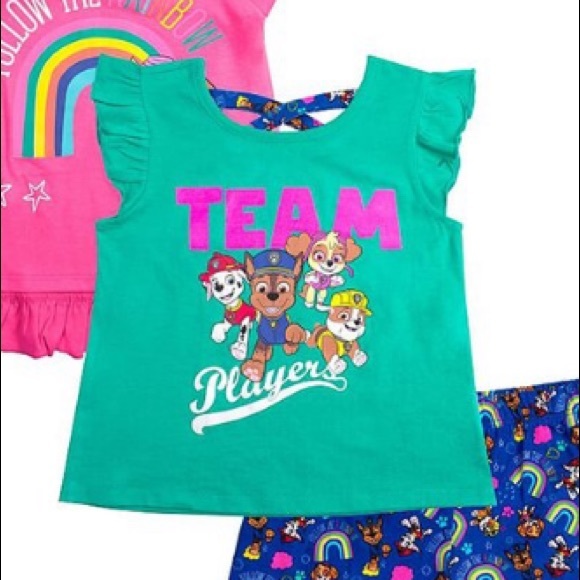 Paw Patrol Team Player Pink & Teal Shorts Set w/ 2 tops Toddler Girl’s Size 2T - Picture 3 of 4